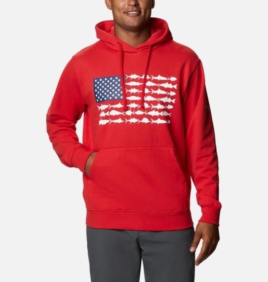 Columbia PFG Fish Flag Men's Hoodies Red White | 167-VQBDNC