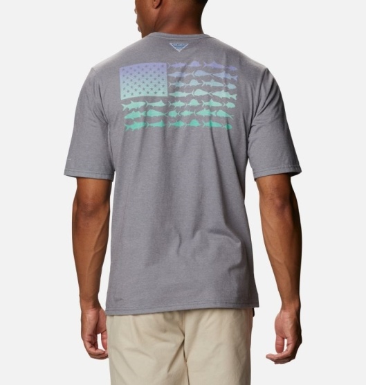 Columbia PFG Men's T-Shirt Grey Blue Green | 476-RZHMFY