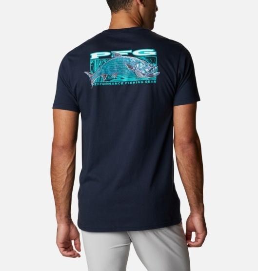 Columbia PFG Men's T-Shirt Navy | 650-GDFTAK