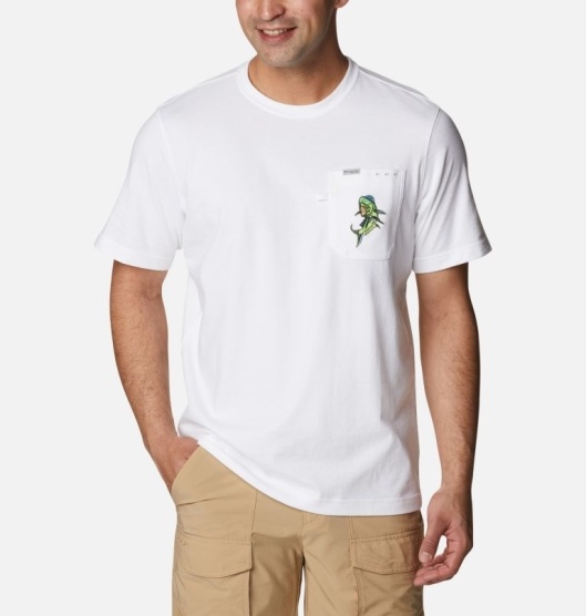 Columbia PFG Men's T-Shirt White Blue | 470-AKDWNR