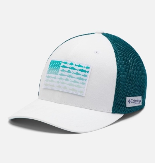 Columbia PFG Mesh Fish Flag Baseball Cap Men's Hats White Blue | 936-FAZUHW