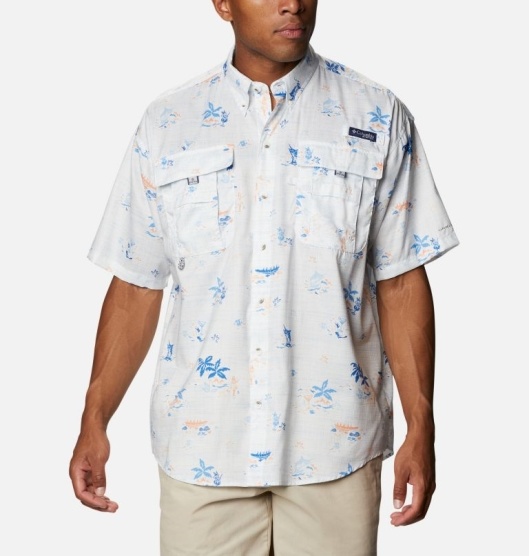 Columbia PFG Super Bahama Men's Fishing Shirts White Blue | 150-XNRISQ